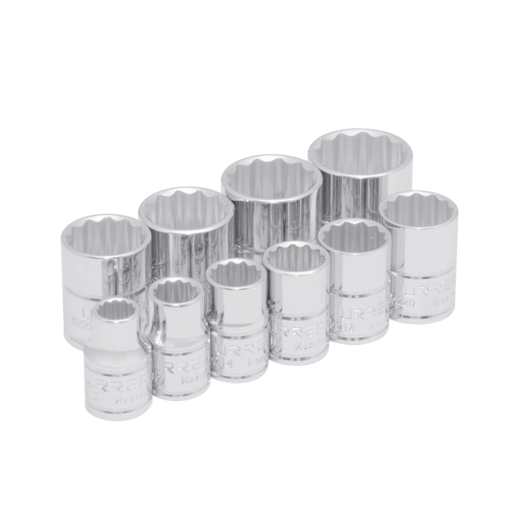 Juego de dados cuadro de 3/8", 12 puntas, en pulgadas en riel, 10 piezas Urrea
