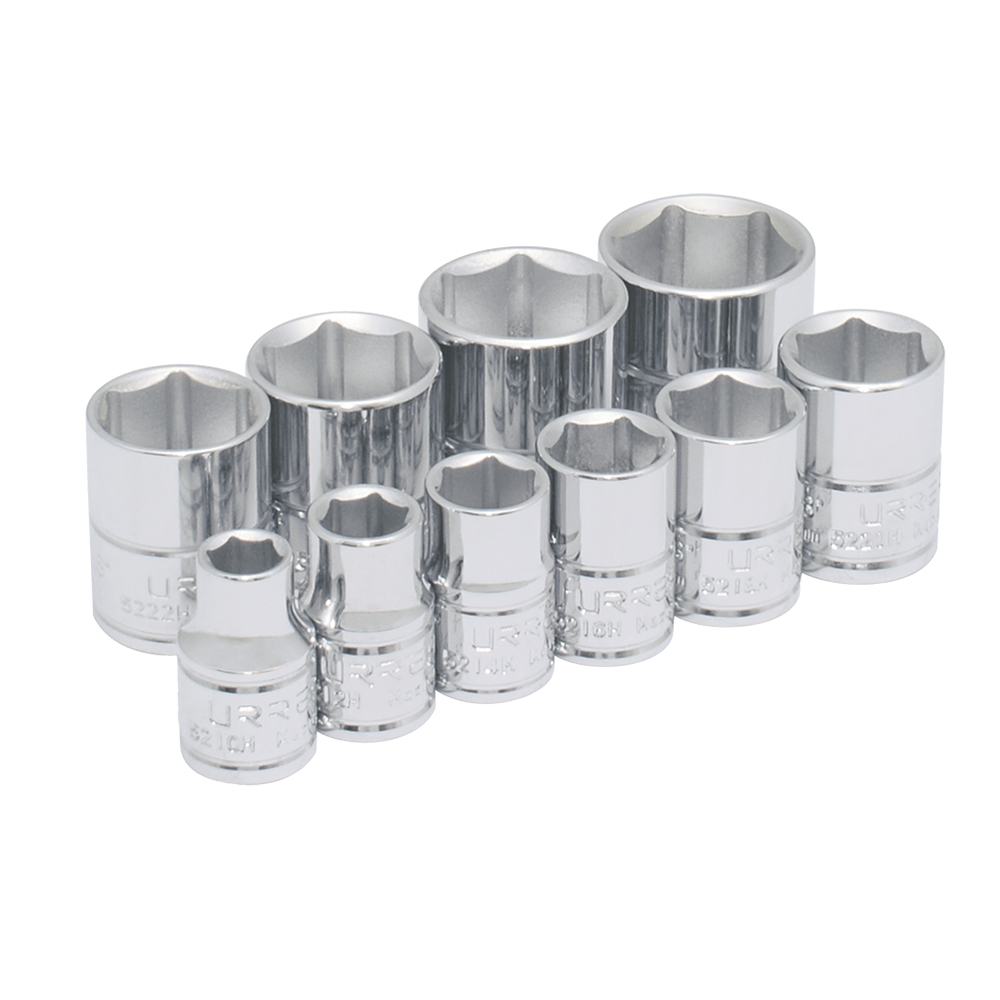 Juego de dados cuadro de 3/8", 6 puntas, en pulgadas en riel, 10 piezas Urrea