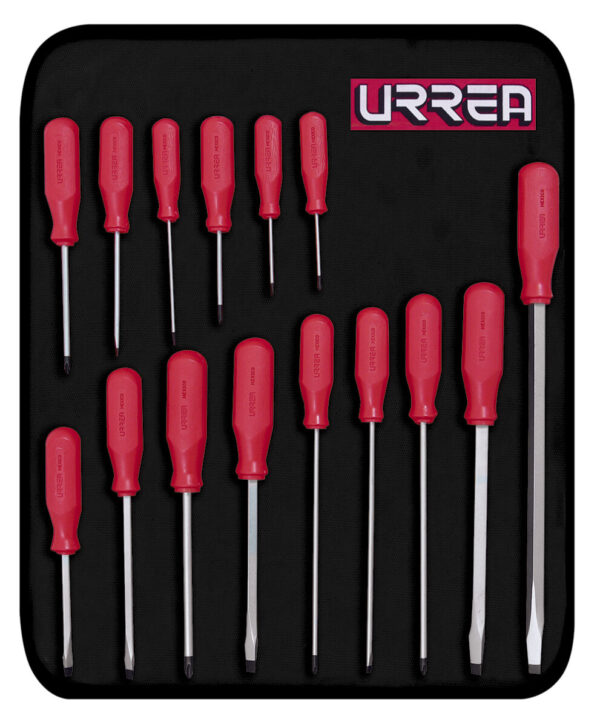 Juego de destornilladores con mango rojo, combinados, 15 piezas Urrea