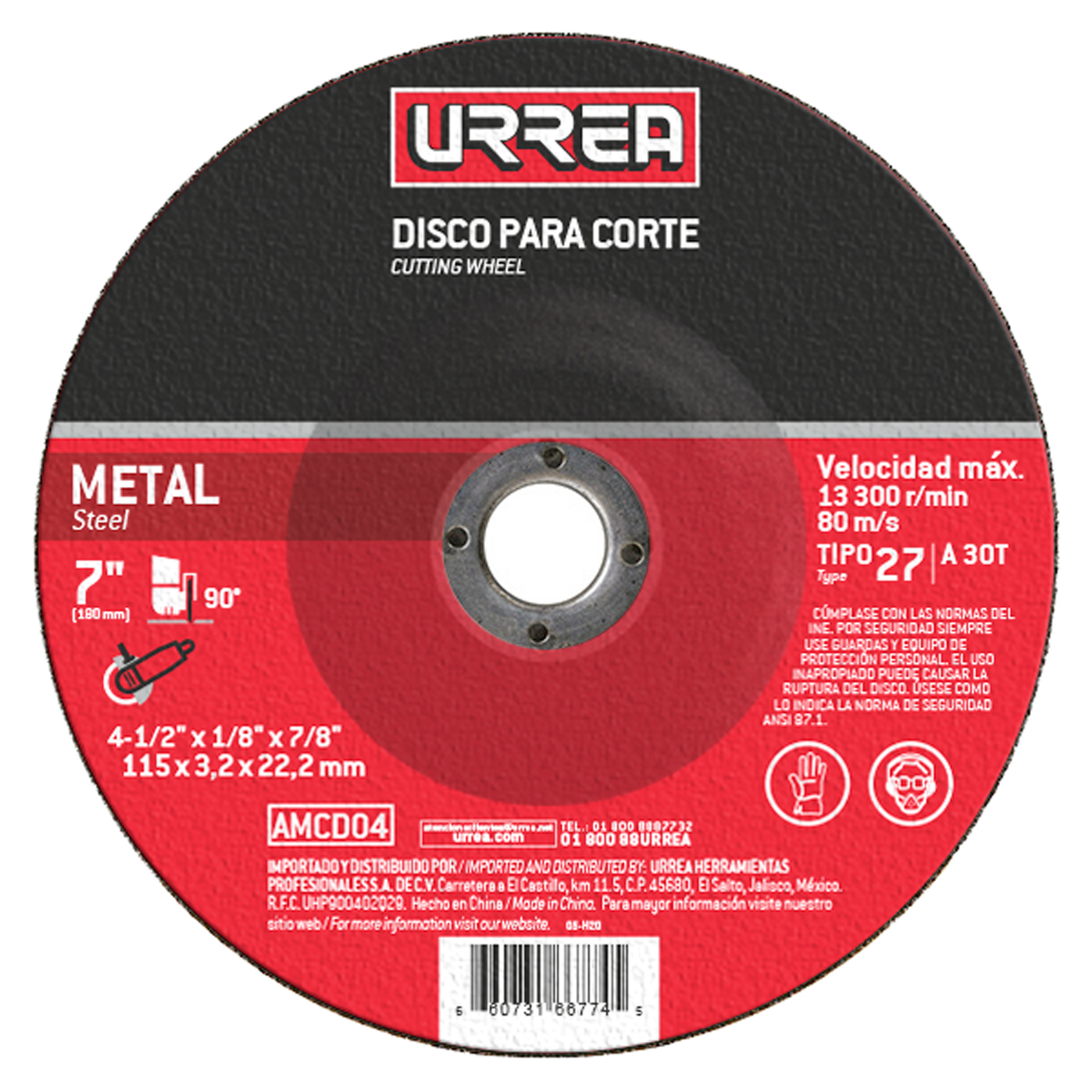 Disco abrasivo tipo 27 para metal 4-1/2" x 1/4" Urrea