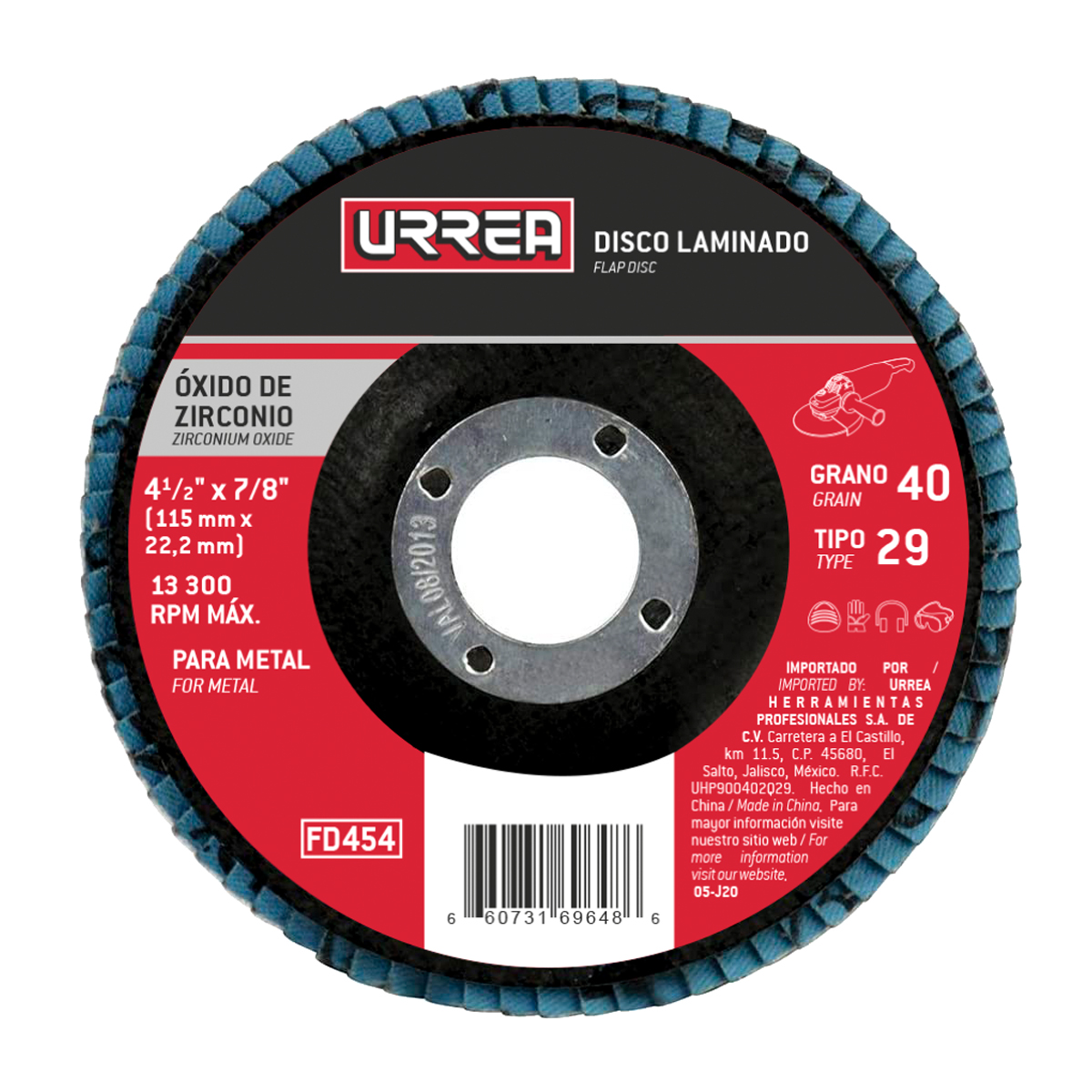 Disco laminado tipo 29 grano 40, 4-1/2" Urrea