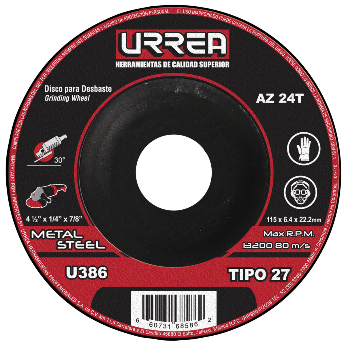 Disco abrasivo tipo 27 para metal 4-1/2" x 1/4" Urrea