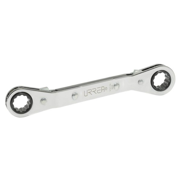 Llave de estrías pulido espejo acodada de matraca en pulgadas, 12 puntas, 5/8" x 3/4" Urrea 1186