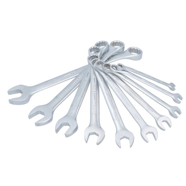 Juego de llaves combinadas satinadas métricas, 12 puntas en rack, 11 piezas Urrea 1200CMA