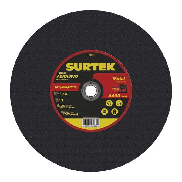 Disco abrasivo tipo 1 para metal 14" x 7/64" para máquina estacionaria Surtek 123339