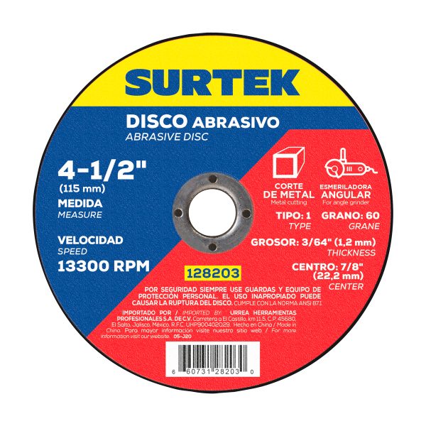 Disco abrasivo tipo 1 para metal 4-1/2" x 1.2 mm Surtek 128203