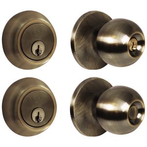 Combo de pomo tubulares de bola función doble, latón antiguo, llave estándar, blíster Lock 12CB