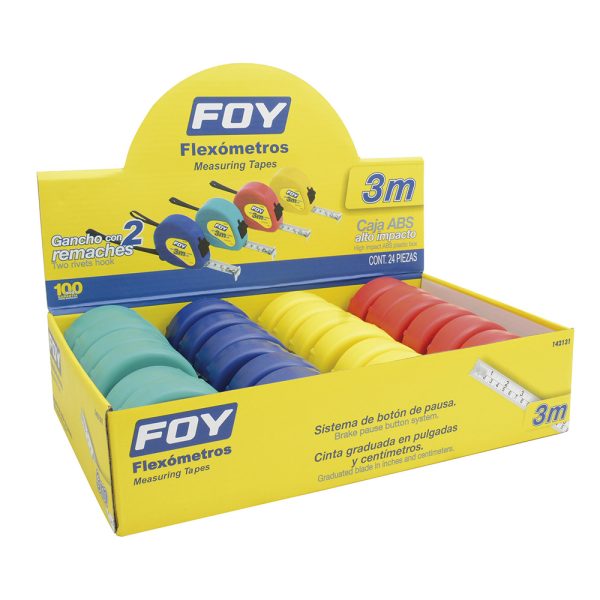 Flexómetros con carcasa de plástico colores en display 3 m x 1/2", 24 piezas Foy 142131