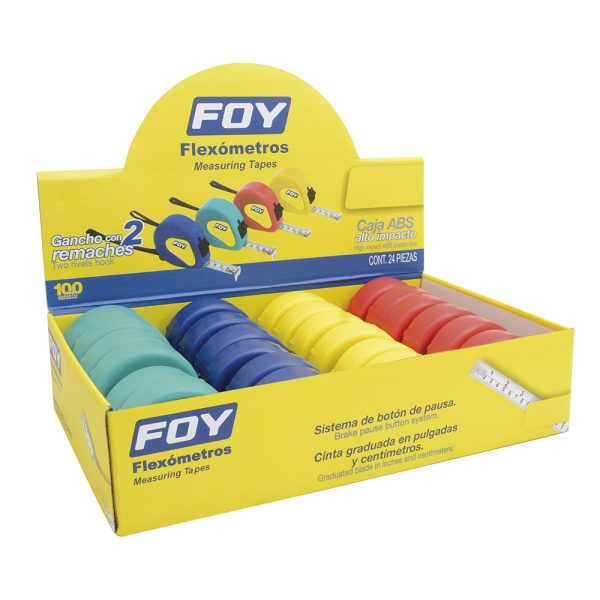 Flexómetros con carcasa de plástico colores en display 5 m x 3/4", 12 piezas Foy 142132