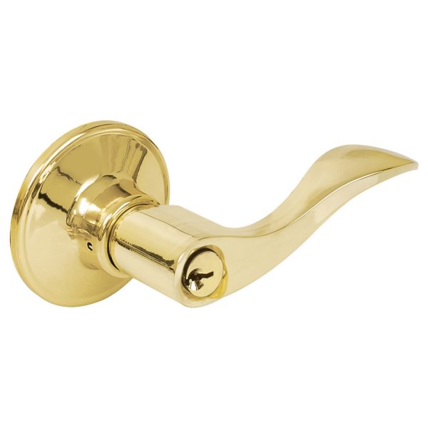 Manija tubular curva función baño, latón brillante, llave estándar, blíster Lock 19MA