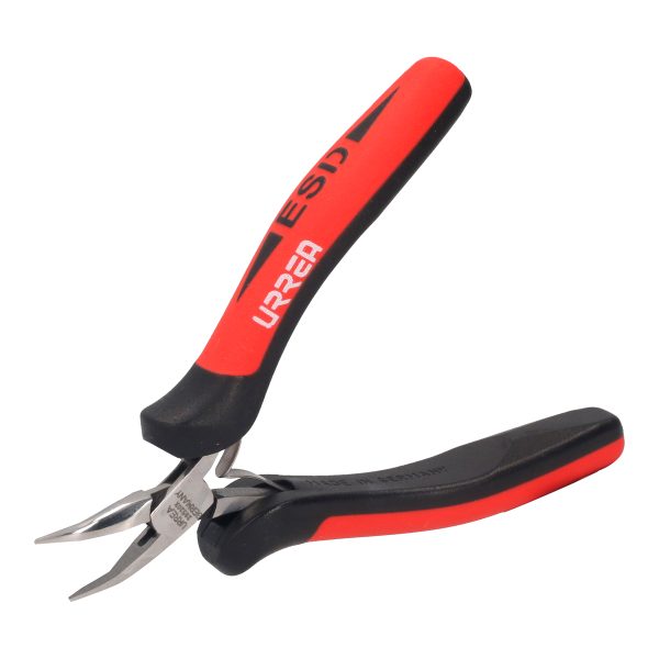 Pinza para electrónica con mango antiestático de 5" punta larga doblada a 45° Urrea 28520X