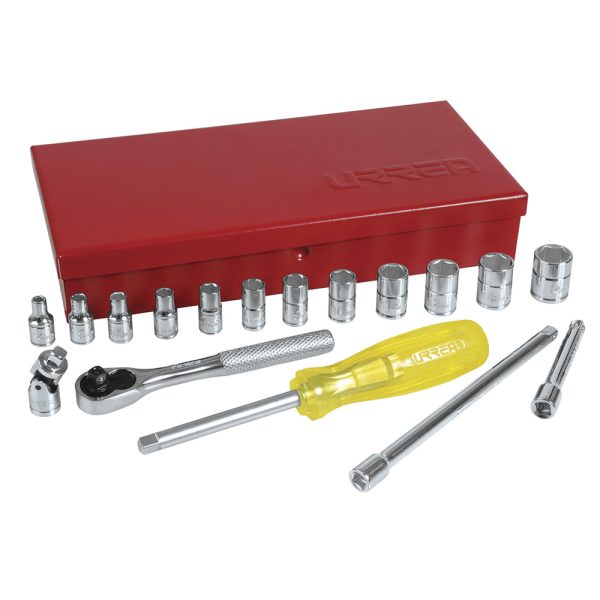 Juego de dados y accesorios cuadro de 1/4" métrico, 18 piezas Urrea 47205
