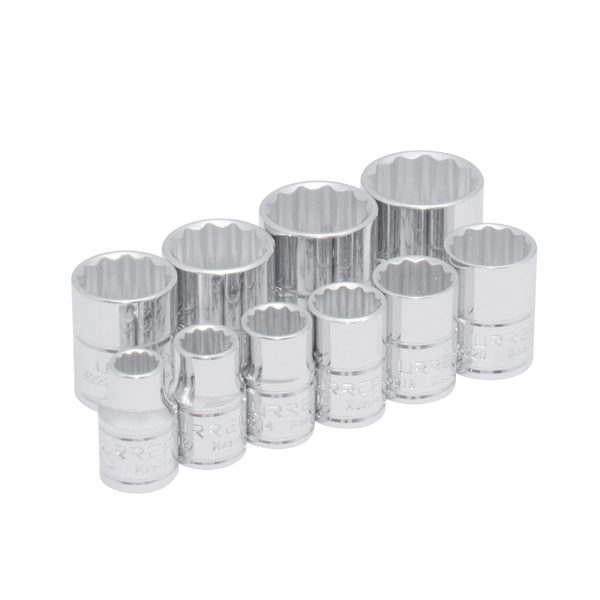 Juego de dados cuadro de 3/8", 12 puntas, en pulgadas en riel, 10 piezas Urrea 52118