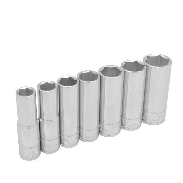 Juego de dados largos cuadro de 1/2", 6 puntas, en pulgadas, en riel, 7 piezas Urrea 5300H