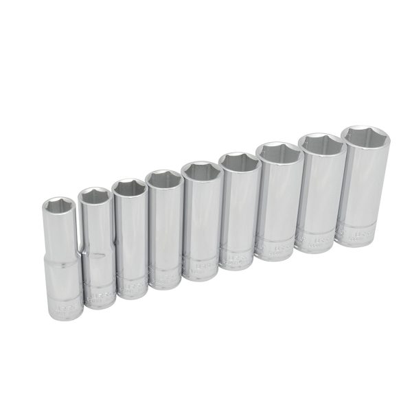 Juego de dados largos cuadro de 1/2", 6 puntas, en pulgadas, en riel, 9 piezas Urrea 54118