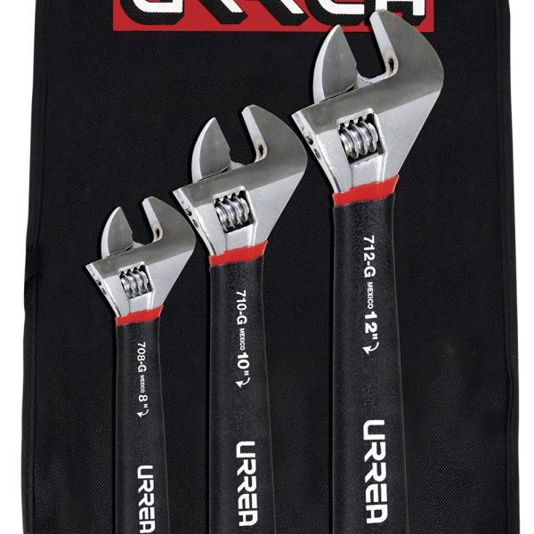 Juego de llaves ajustables cromadas con mango Rubber Grip, 3 piezas Urrea 795G