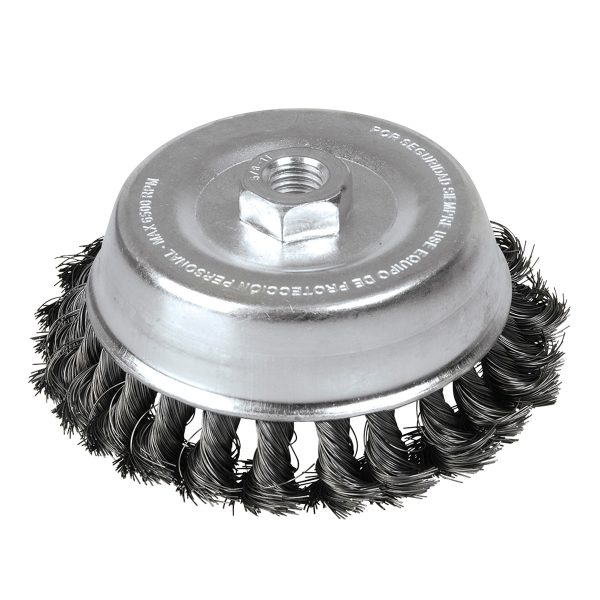 Carda copa trenzada alambre grueso 3" x 0.50 con rosca M14 Foy C308
