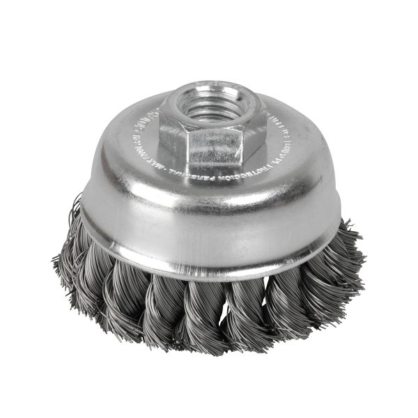 Carda copa trenzada alambre grueso acero inoxidable 3" x 0.50 mm con rosca 5/8" Surtek C612