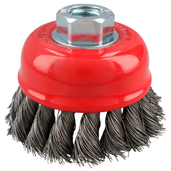 Carda copa trenzada alambre grueso de acero inoxidable 4" x 0.50 mm con rosca M14 Urrea C929