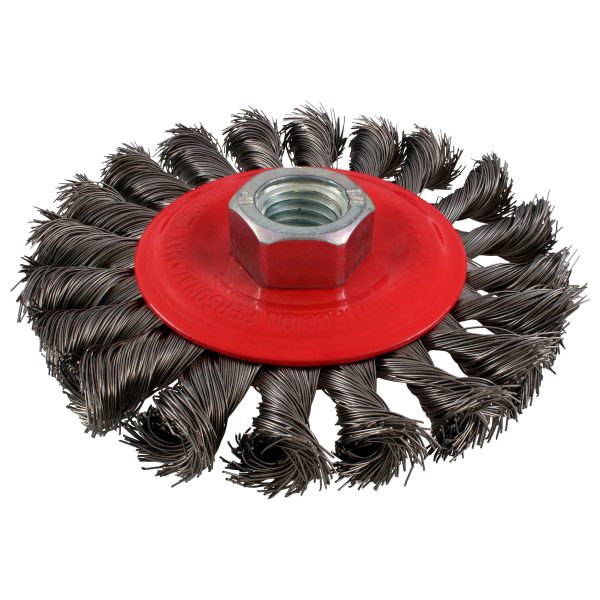 Carda circular trenzada alambre fino de acero inoxidable 4" x 0.35 mm con rosca 5/8" Urrea C944
