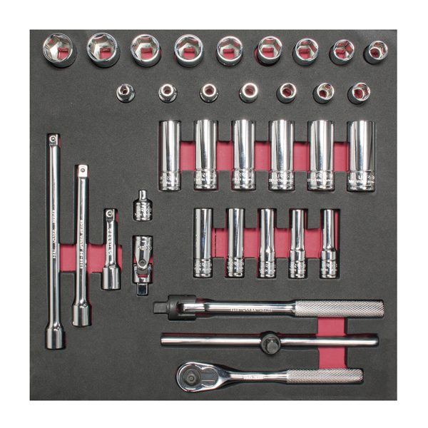 Juego de dados cortos y largos y accesorios cuadro de 3/8" métricos, 35 piezas Urrea CH202