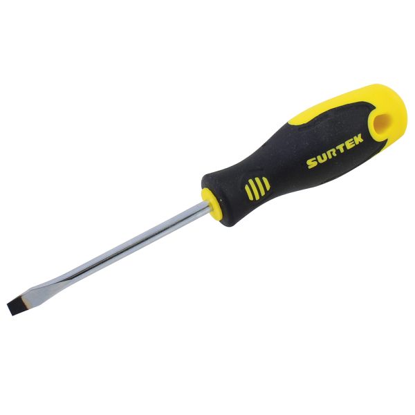 Destornillador con mango bimaterial, punta plana barra redonda 1/4" x 6" Surtek D216
