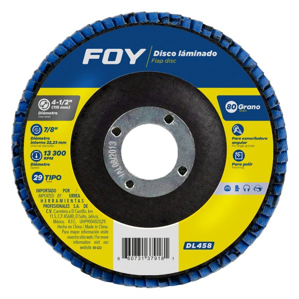 Disco laminado tipo 29 grano 80, 4-1/2" Foy DL458