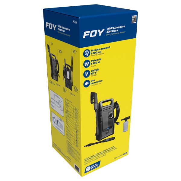 Hidrolavadora eléctrica 1300 W 127 V 1600 PSI, 5.5Lt por minuto flujo máximo Foy HL316