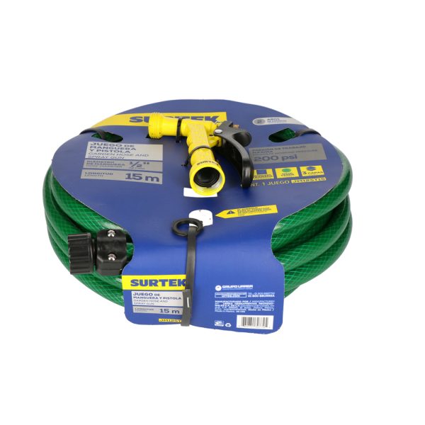 Manguera para jardín tramada 1/2", 15 m con pistola para riego Surtek JM12ST15