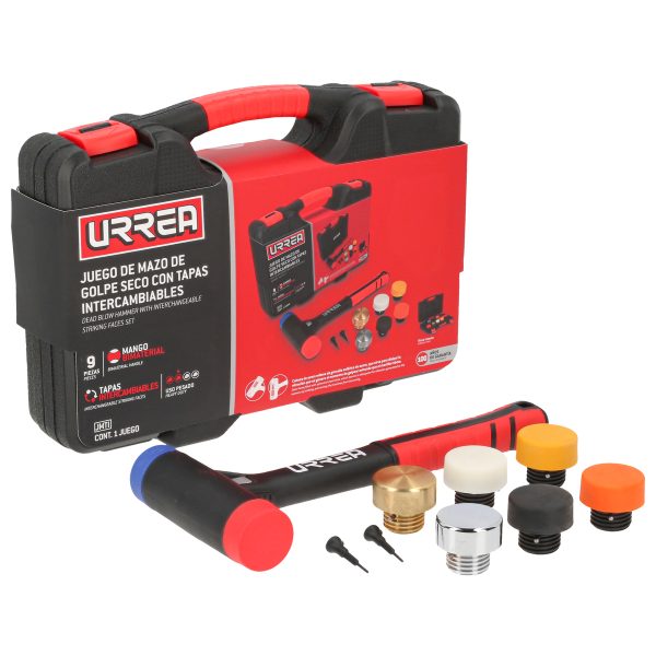 Juego de mazo de golpe seco con mango Rubber grip tapas intercambiables 16 oz, 9 piezas Urrea JMTI